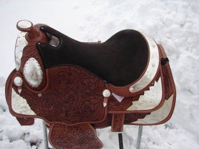 16 MEDIUM OIL LEATHER WESTERN horse SADDLE TRAIL BROWN LOADED SILVER 