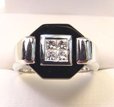 BLACK ONYX & PRINCESS CUT DIAMONDS 14K WHITE GOLD RING  