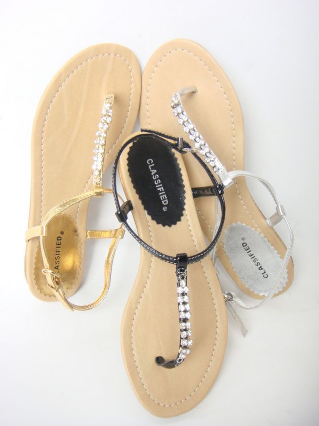 SANDALS W/RHINESTONE THONG GOLD, BLACK OR SILVER  