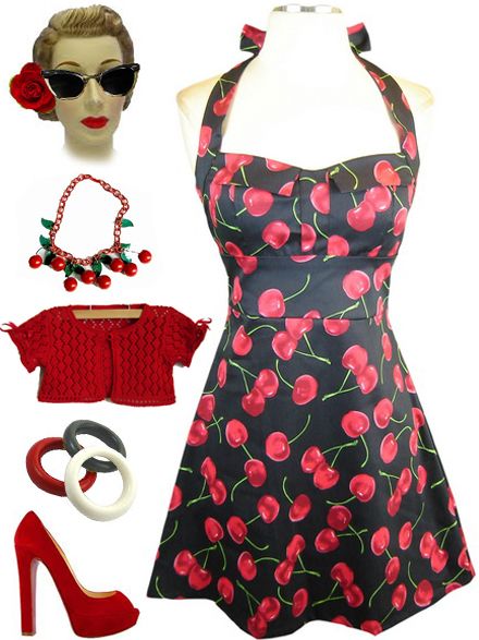   Navy Blue CHERRY Print Fold Over Bust HALTER Bombshell PINUP Sun Dress