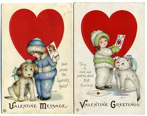 5Post Cards Valentines Series Girls With Dogs & Cats  