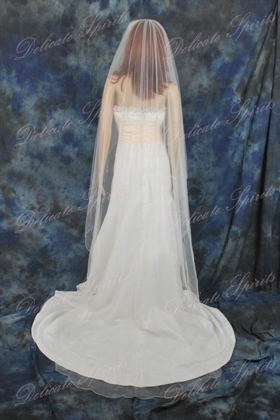 1T White Chapel Beaded Scalloped Wedding Veil  