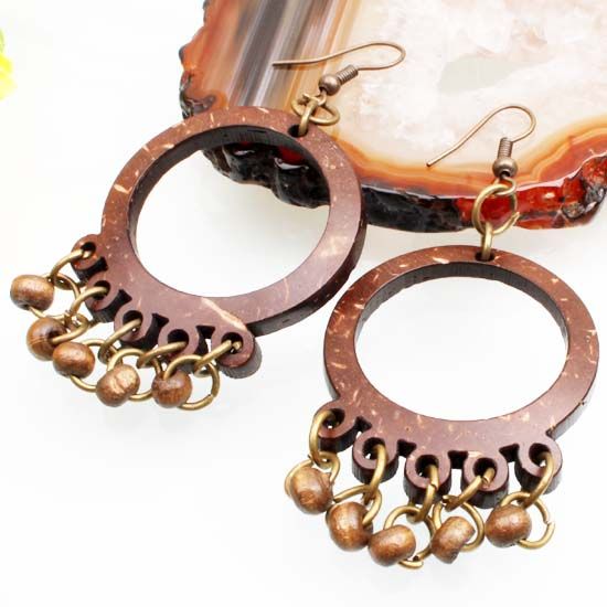 Brown Coconut Shell Round Abacus Bead Dangle Earrings  