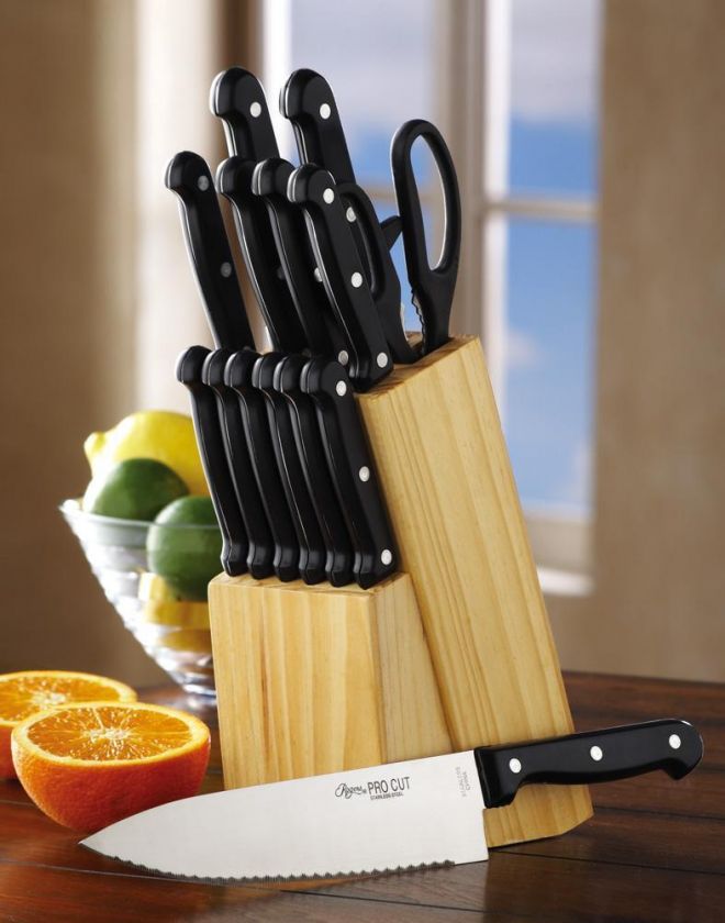 15 PC SET STAINLESS STEEL KNIFE SET W/ WOODEN KNIFE BLOCK NEW  