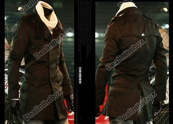 Mens Slim Wool Double Breasted Cowl Collar Trench Coat 2 Color 3 Size 