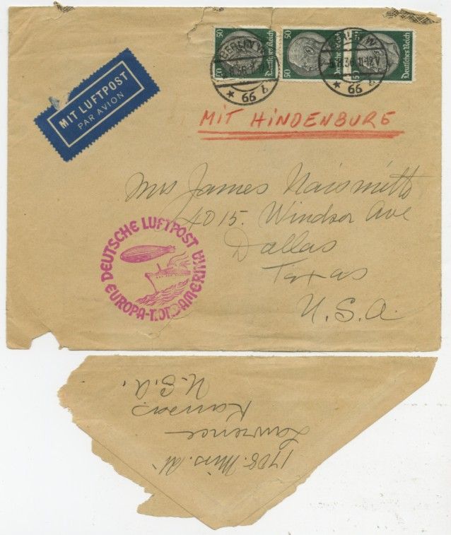 JAMES NAISMITH SIGNED ENVELOPE 1936 OLYMPICS HINDENBURG  